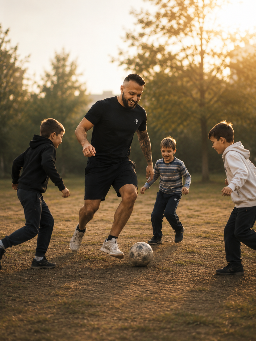 Chachi Versaci playing football with kids at golden hour